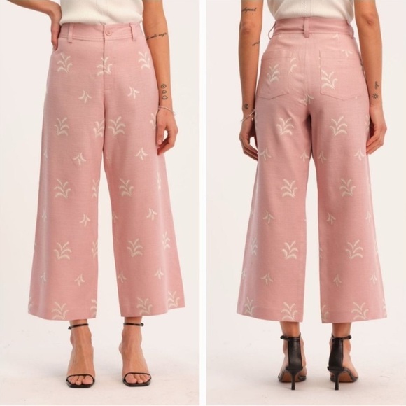 Elie Tahari Blush Embroidered Pink Wide Leg Linen Crop Trousers size 10 - Picture 1 of 14